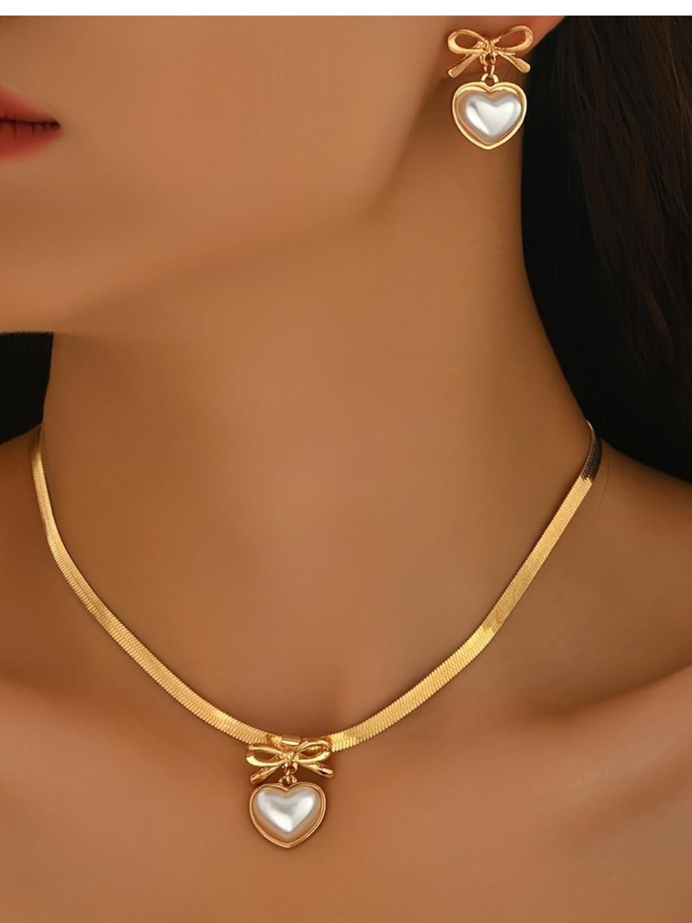 Anthropologie Gold Bow & Pearl Heart Necklace with Matching Earrings - Picture 4 of 5